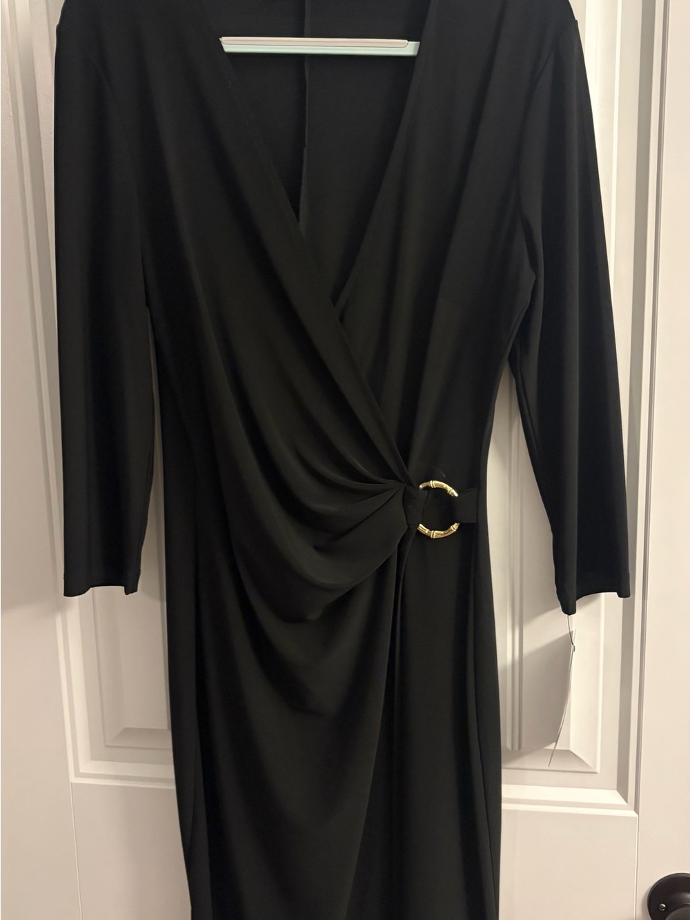 Nine West Black Long-Sleeve Faux-Wrap Dress with Gold Ring